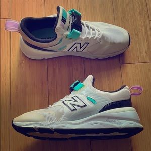 New Balance White and Black Sneakers with Teal and Purple Accents